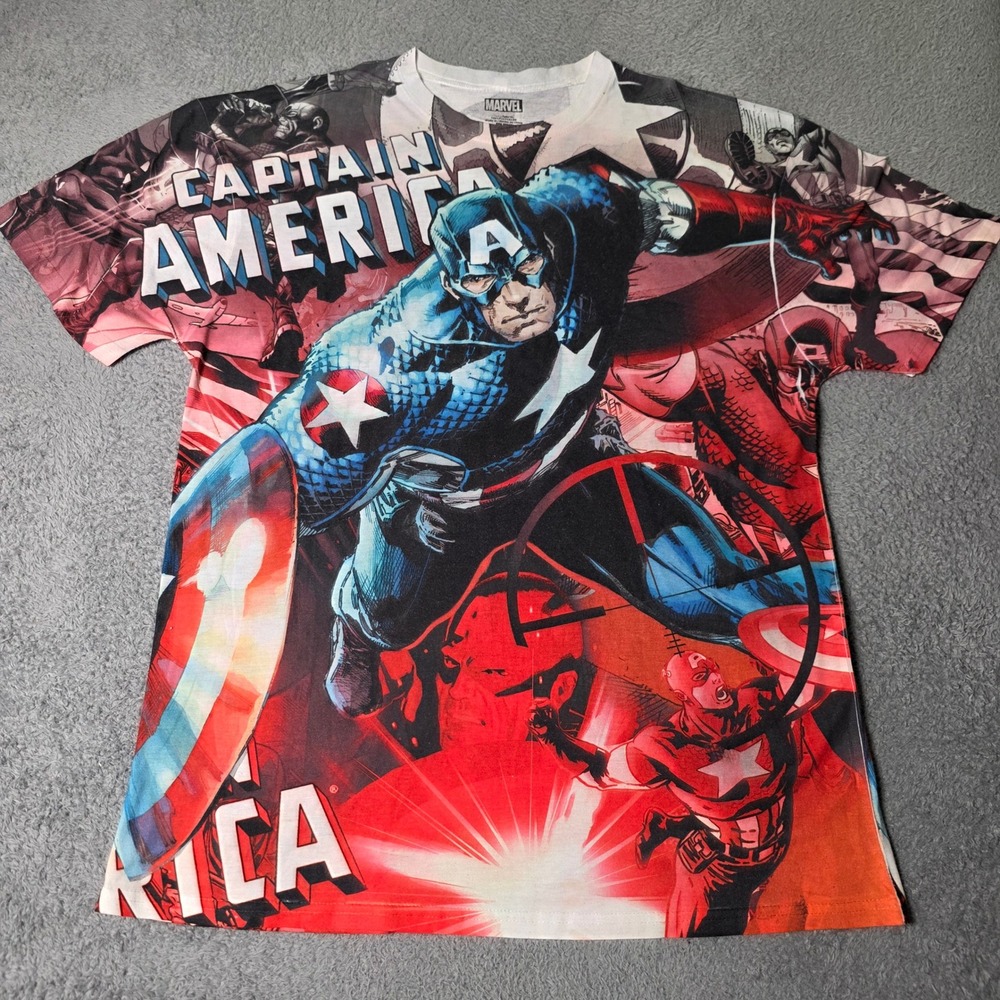 Marvel Mens XL T-Shirt Multicolor Captain America All Over Print Graphic Tee